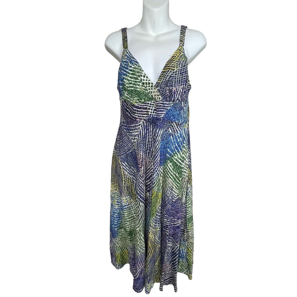 Jams‎ World Hibiki Dress Womens L Blue Green Rayon Coastal V-Neck Midi Hawaii
